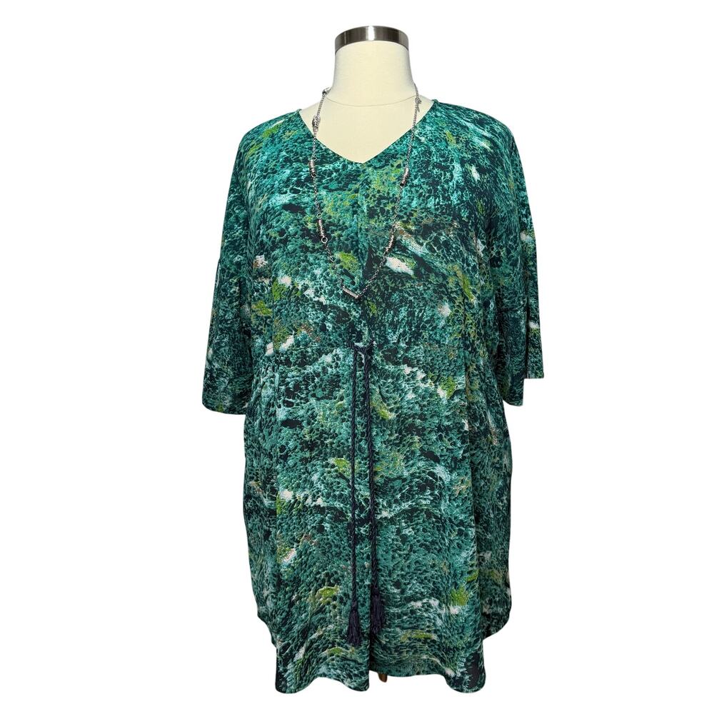 Ellos Tunic Women’s Size 1X Green Abstract Print Drawstring Waist Swim Cover-Up